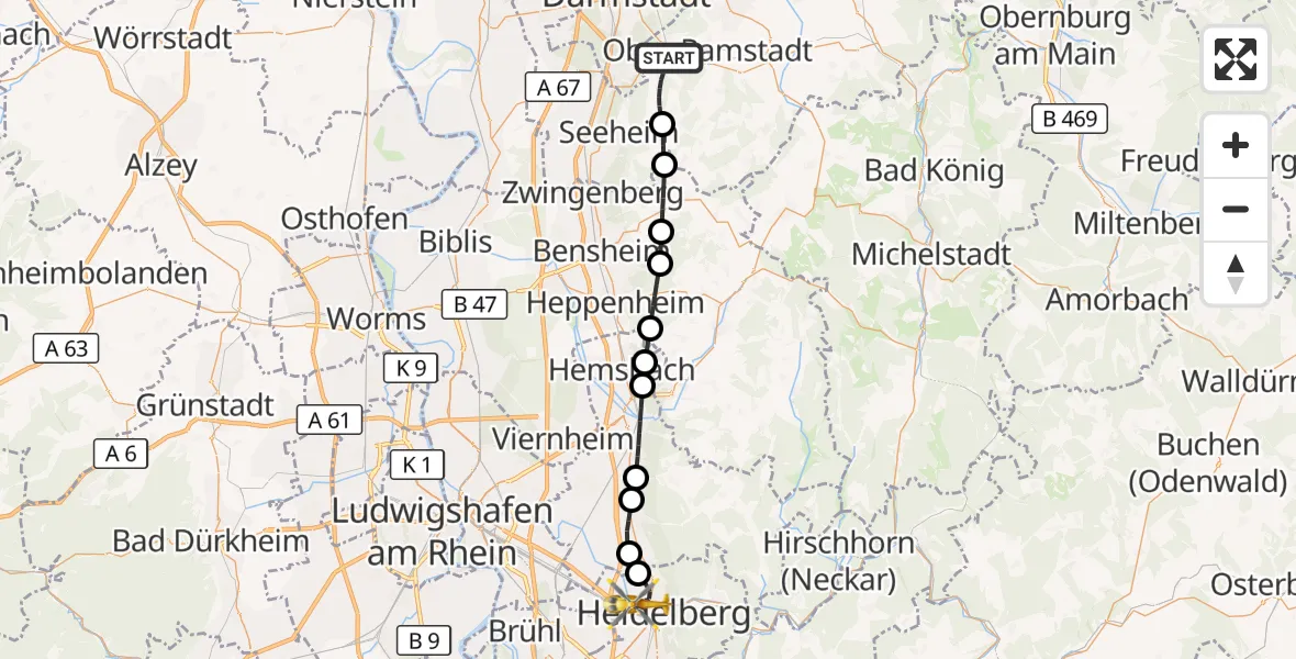 Flugroute Rettungshubschrauber Mühltal - Heidelberg, 18 September 2026, 16:03