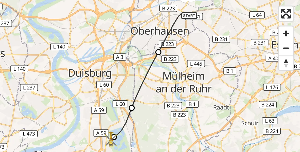 Flugroute Rettungshubschrauber Oberhausen - Duisburg Air Rescue Hubschrauberlandeplatz (Christoph 9), 18 September 2026, 16:05