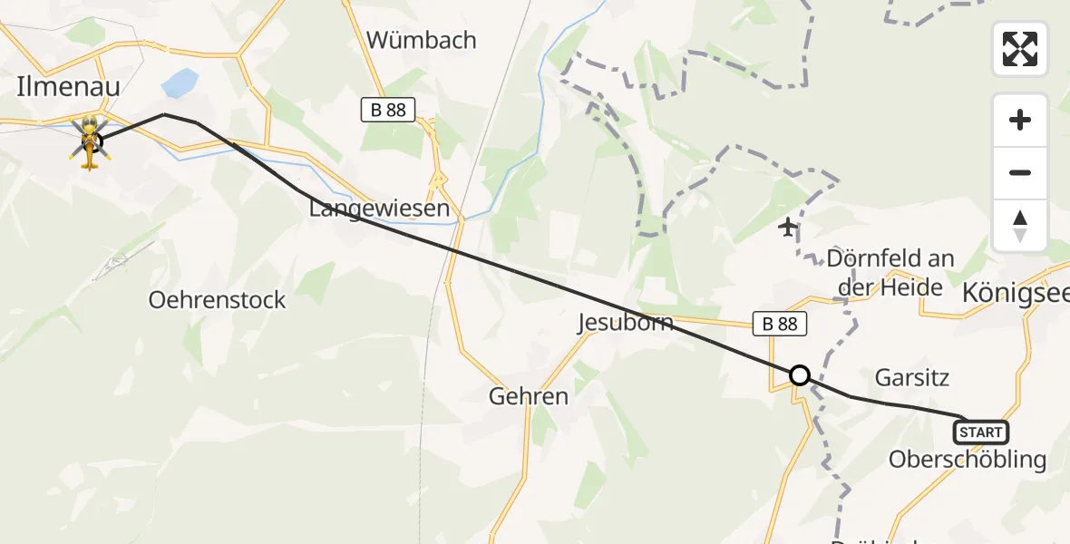Flugroute Rettungshubschrauber Königsee - Ilm-Kreis-Kliniken Arnstadt-Ilmenau Hubschrauberlandeplatz, 18 September 2026, 16:05