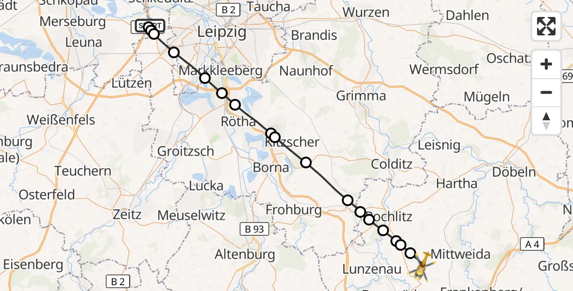 Flugroute Rettungshubschrauber ADAC Air Rescue Station Leipzig/Schkeuditz-Dölzig Hubschrauberlandeplatz (Christoph 61) - Königshain-Wiederau, 18 September 2026, 16:12