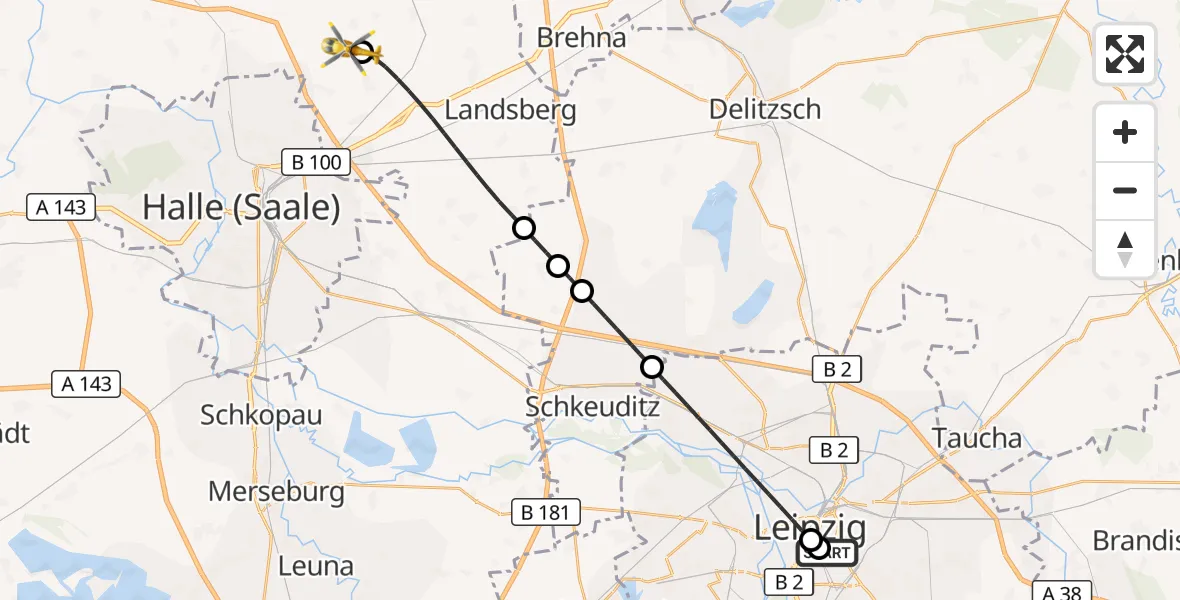Flugroute Rettungshubschrauber Leipzig University Hospital Heliport 1 - Halle-Oppin Flugplatz, 18 September 2026, 16:20