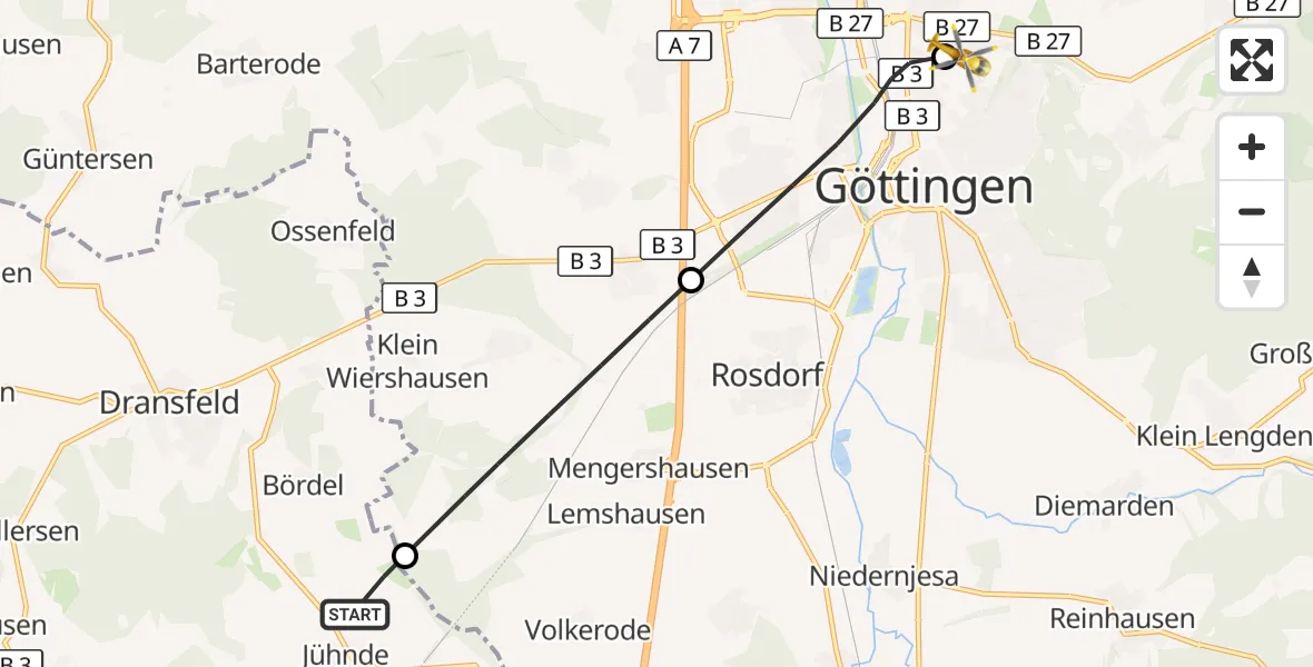 Flugroute Rettungshubschrauber Jühnde - Göttingen University Clinic Hubschrauberlandeplatz, 18 September 2026, 16:21
