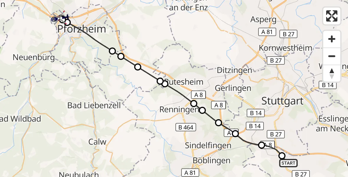 Flugroute Polizeihubschrauber Flughafen Stuttgart - Pforzheim, 18 September 2026, 16:32