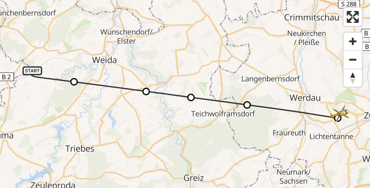Flugroute Rettungshubschrauber Harth-Pöllnitz - ADAC Air Rescue Station Zwickau Hubschrauberlandeplatz, 18 September 2026, 16:31