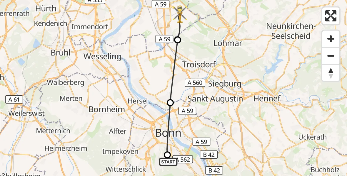 Flugroute Ambulanzhubschrauber Bonn University Hospital - Köln Bonn Flughafen, 18 September 2026, 16:38
