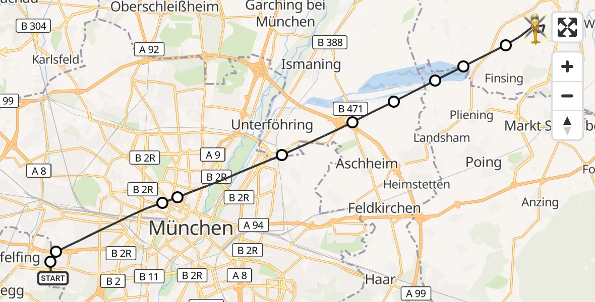 Flugroute Rettungshubschrauber DRF Air Rescue München Hubschrauberlandeplatz - Neuching, 18 September 2026, 17:04