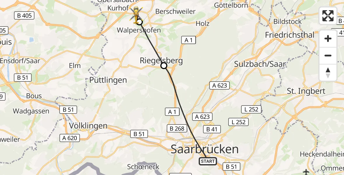 Flugroute Rettungshubschrauber Saarbrücken - Heusweiler, 18 September 2026, 17:25