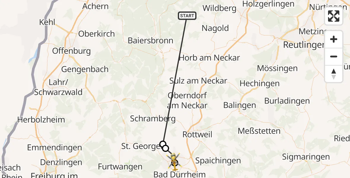 Flugroute Ambulanzhubschrauber Altensteig - DRF Air Rescue Station Villingen-Schwenningen Hubschrauberlandeplatz (Christoph 11), 18 September 2026, 17:35