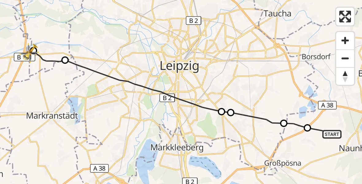 Flugroute Rettungshubschrauber Naunhof - ADAC Air Rescue Station Leipzig/Schkeuditz-Dölzig Hubschrauberlandeplatz (Christoph 61), 18 September 2026, 17:54