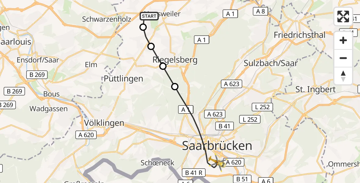 Flugroute Rettungshubschrauber Heusweiler - Saarbrücken, 18 September 2026, 17:56