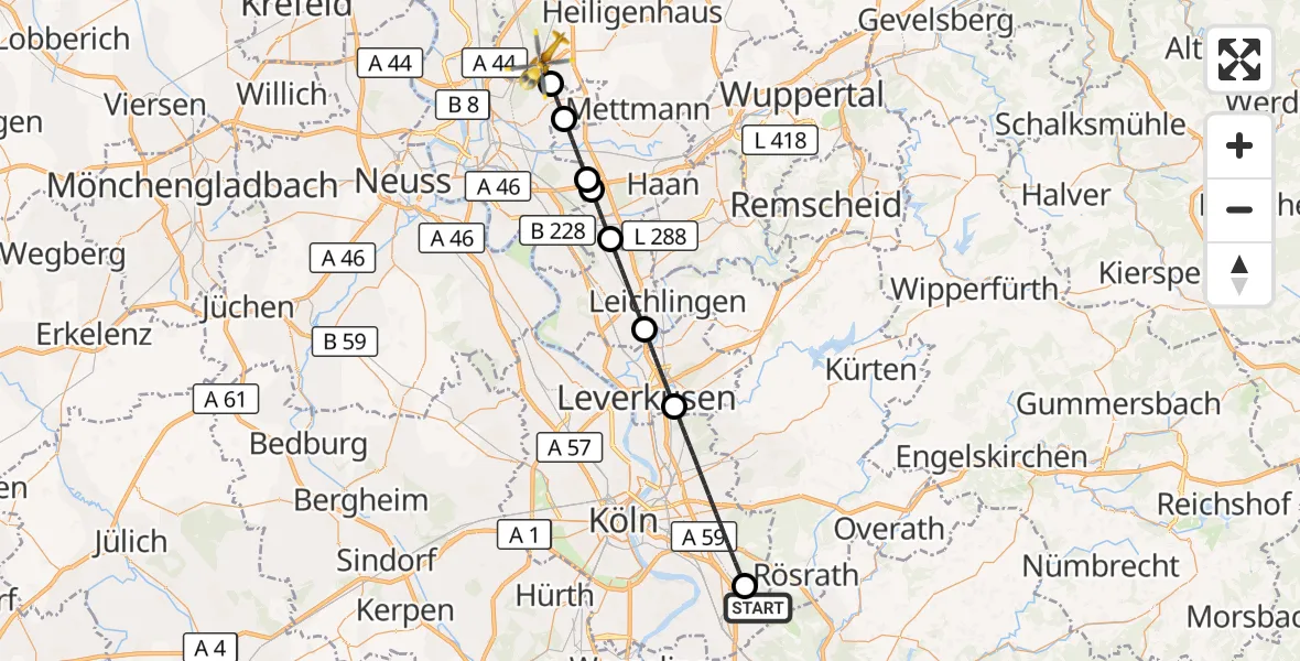 Flugroute Ambulanzhubschrauber Köln Bonn Flughafen - Ratingen, 18 September 2026, 17:58