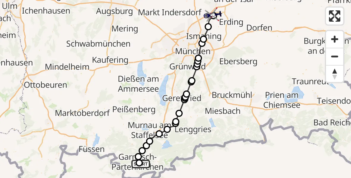 Flugroute Polizeihubschrauber Garmisch-Partenkirchen Clinic Hubschrauberlandeplatz - München Flughafen, 18 September 2026, 18:00