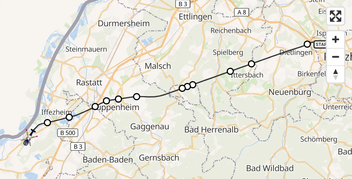 Flugroute Polizeihubschrauber Pforzheim - Karlsruhe Baden-Baden Flughafen, 18 September 2026, 18:02