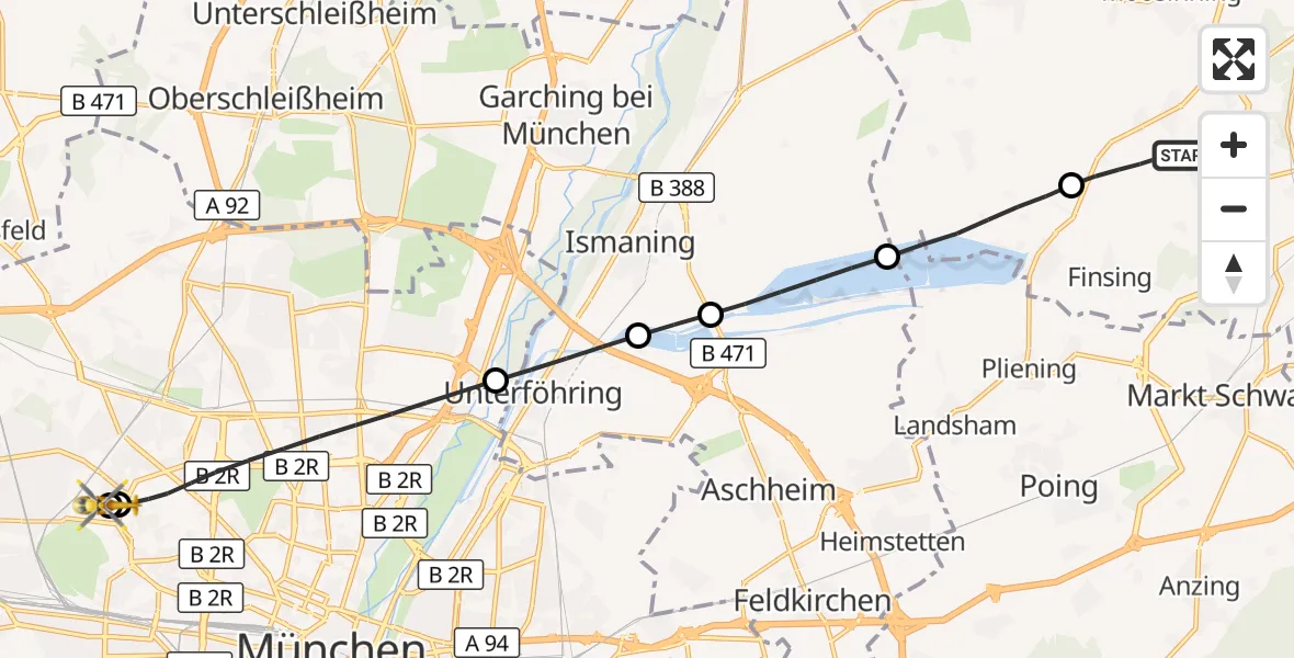 Flugroute Rettungshubschrauber Neuching - Dritter Orden University Hospital, 18 September 2026, 18:16
