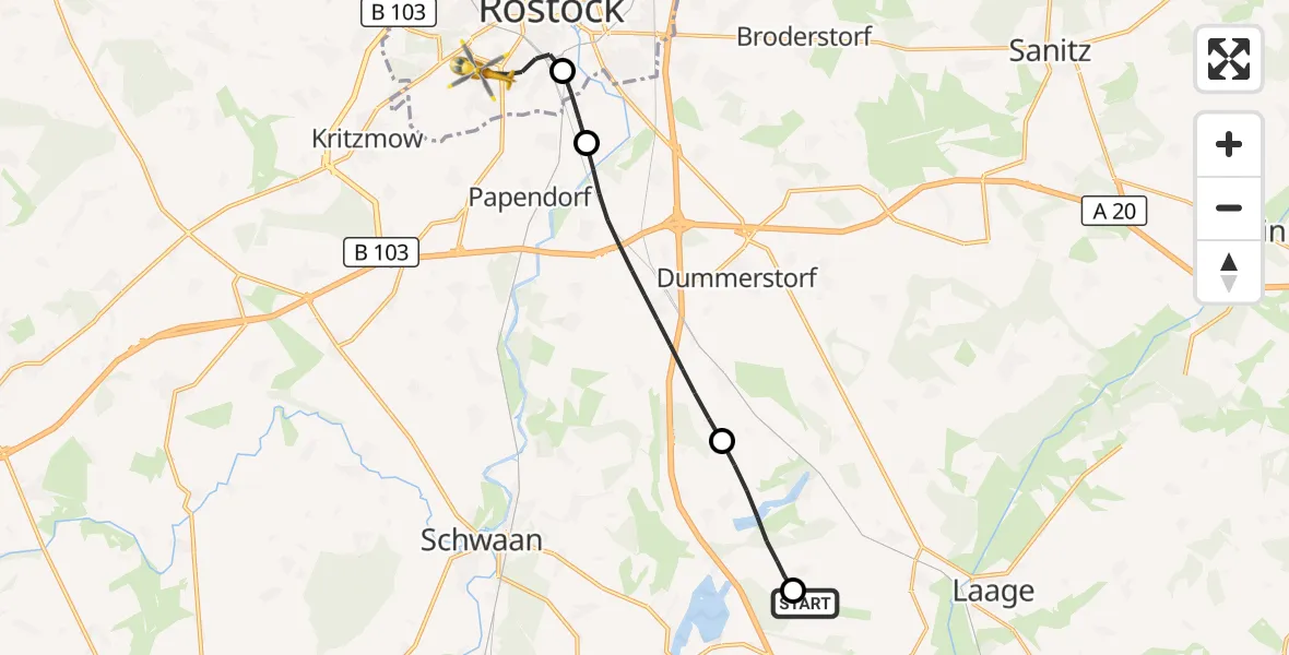 Flugroute Rettungshubschrauber Flughafen Rostock-Laage - Rostock, 18 September 2026, 18:39