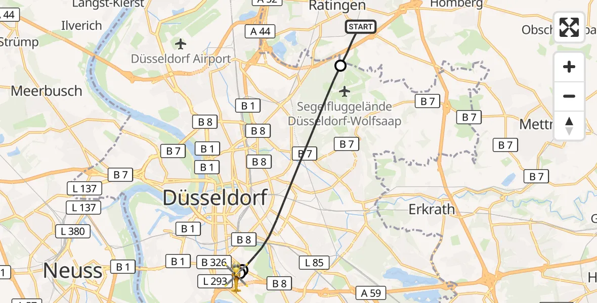 Flugroute Ambulanzhubschrauber Ratingen - Düsseldorf University Hospital, 18 September 2026, 18:42