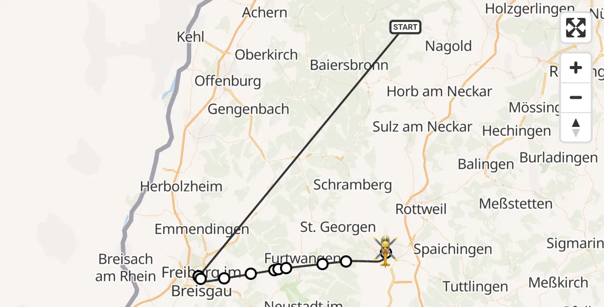 Flugroute Ambulanzhubschrauber Altensteig - DRF Air Rescue Station Villingen-Schwenningen Hubschrauberlandeplatz (Christoph 11), 18 September 2026, 19:44