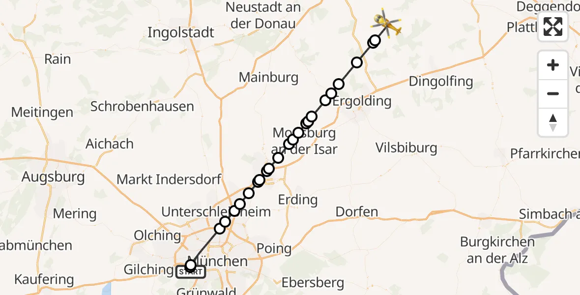 Flugroute Rettungshubschrauber DRF Air Rescue München Hubschrauberlandeplatz - Mallersdorf-Pfaffenberg, 18 September 2026, 21:37