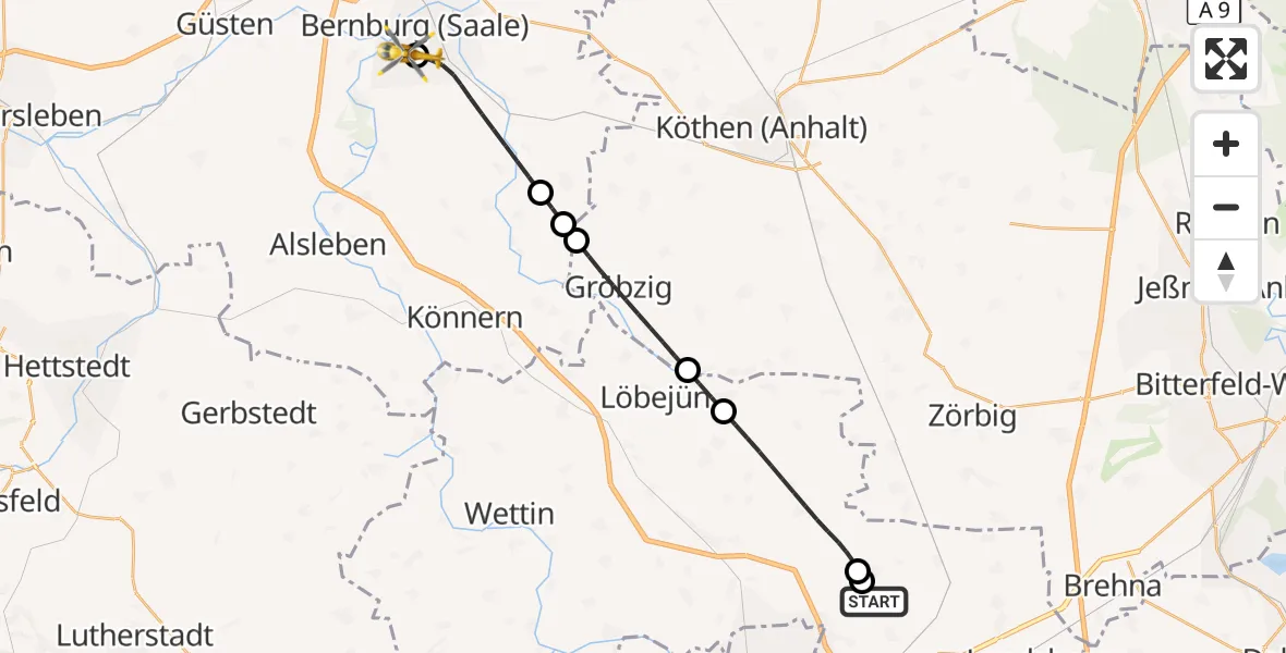 Flugroute Rettungshubschrauber Halle-Oppin Flugplatz - AMEOS Hospital Bernburg, 18 September 2026, 21:51
