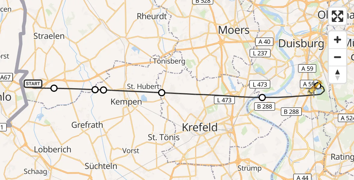 Flugroute Ambulanzhubschrauber Straelen - Duisburg Air Rescue Hubschrauberlandeplatz (Christoph 9), 18 September 2026, 22:20