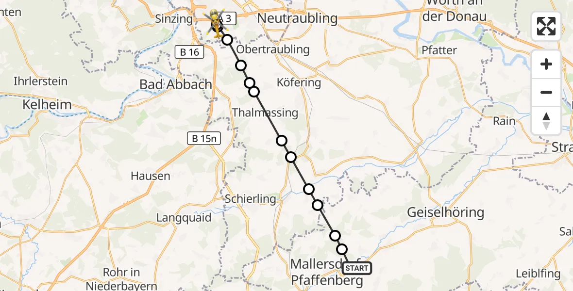 Flugroute Rettungshubschrauber Mallersdorf-Pfaffenberg - DRF Air Rescue Station Regensburg / Regensburg University Hospital, 18 September 2026, 22:23