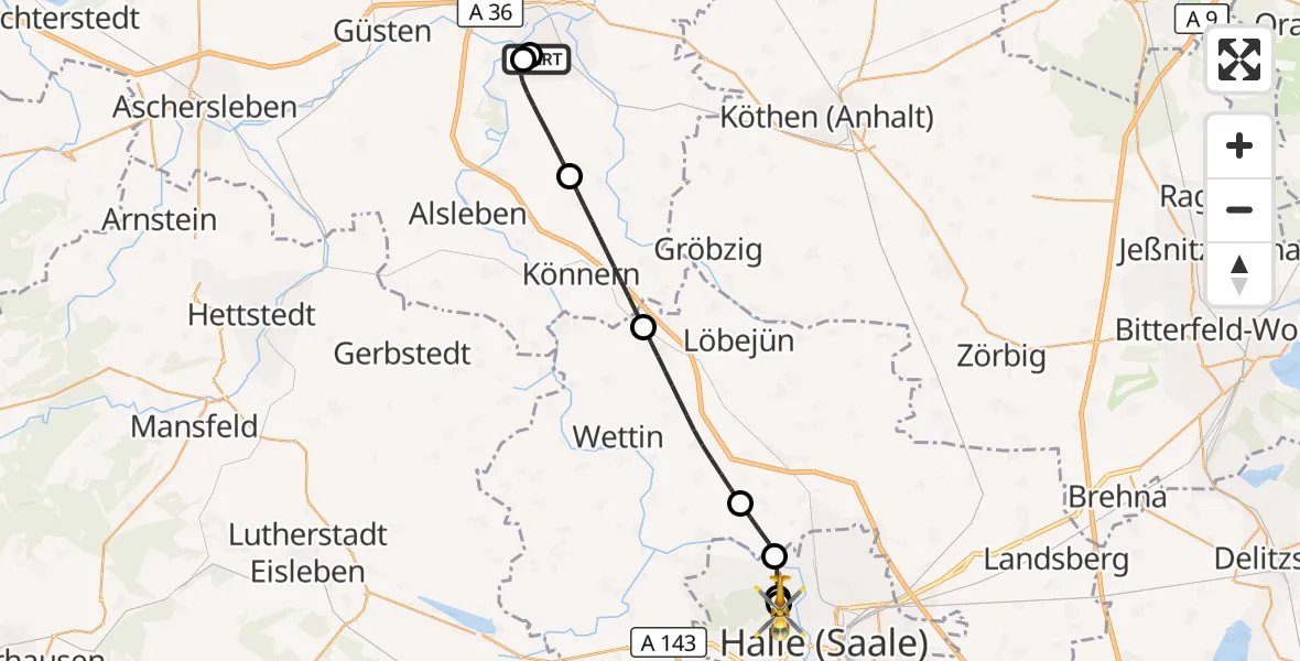 Flugroute Rettungshubschrauber AMEOS Hospital Bernburg - Halle (Saale) University Hospital, 18 September 2026, 22:45