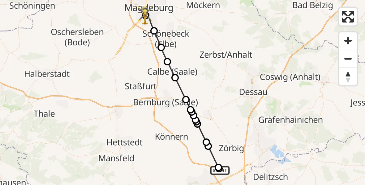 Flugroute Rettungshubschrauber Halle-Oppin Flugplatz - Magdeburg University Hospital, 19 September 2026, 00:01