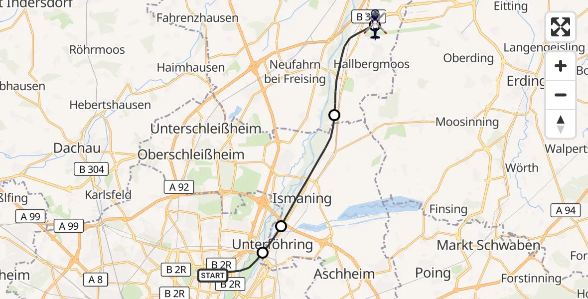 Flugroute Polizeihubschrauber München - München Flughafen, 19 September 2026, 00:05