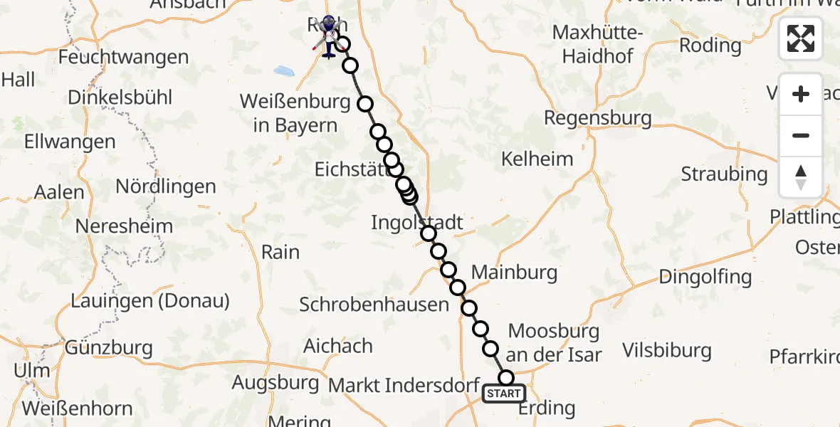 Flugroute Polizeihubschrauber München Flughafen - Flugplatz Roth, 19 September 2026, 00:17