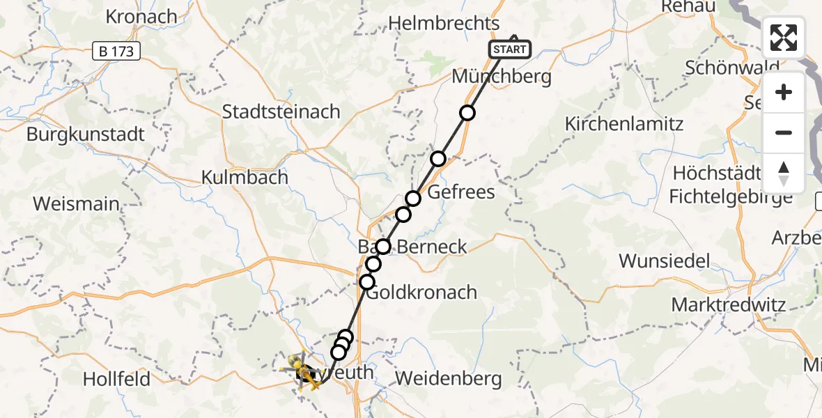 Flugroute Rettungshubschrauber Münchberg - Bayreuth Hospital, 19 September 2026, 00:47