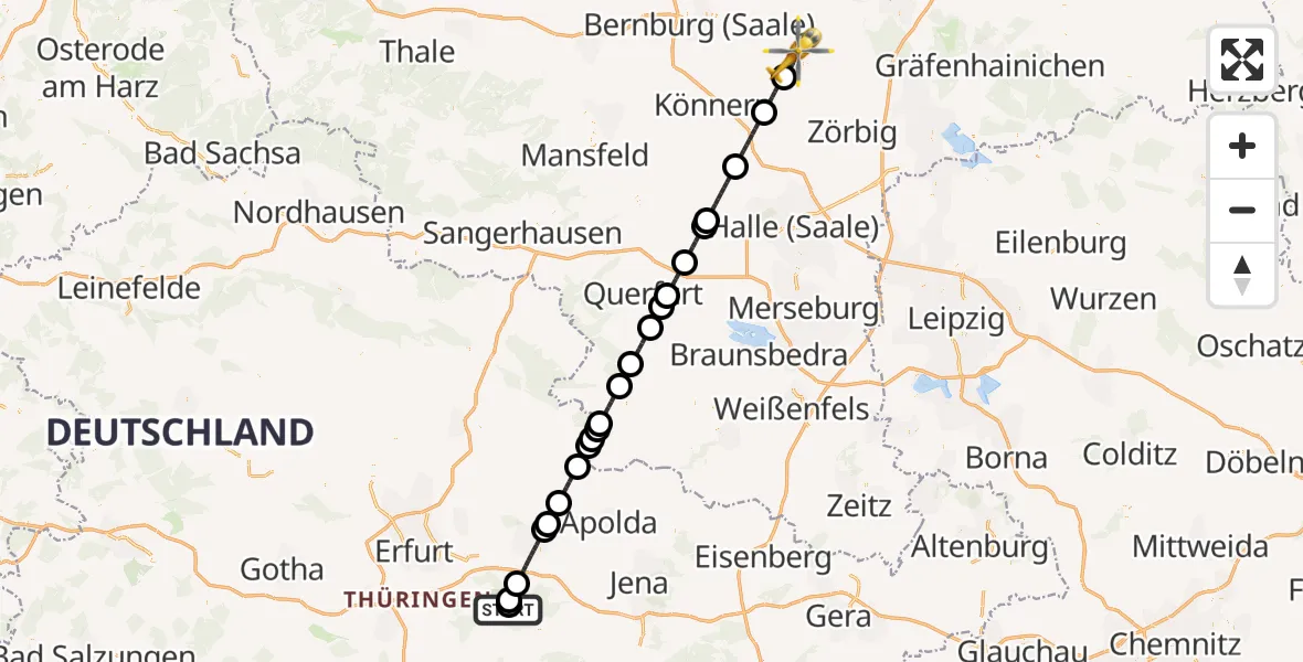 Flugroute Ambulanzhubschrauber Bad Berka Central Hospital - Köthen (Anhalt), 19 September 2026, 00:55