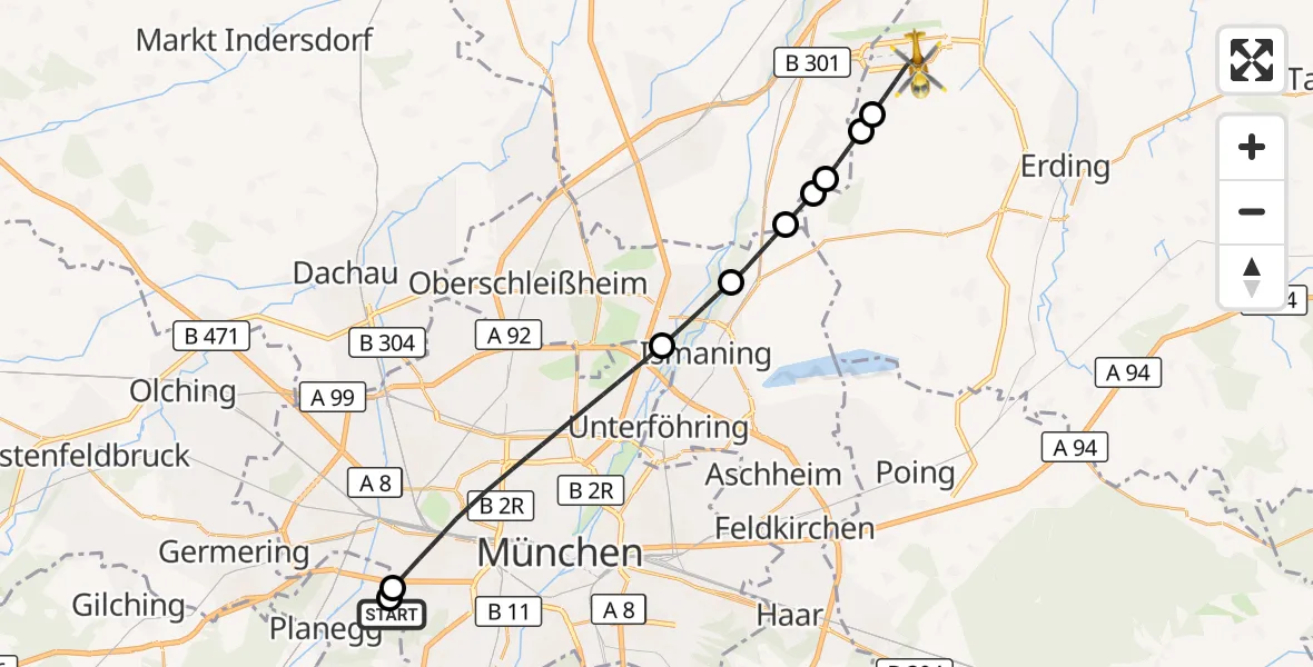 Flugroute Rettungshubschrauber DRF Air Rescue München Hubschrauberlandeplatz - München Flughafen, 19 September 2026, 01:25