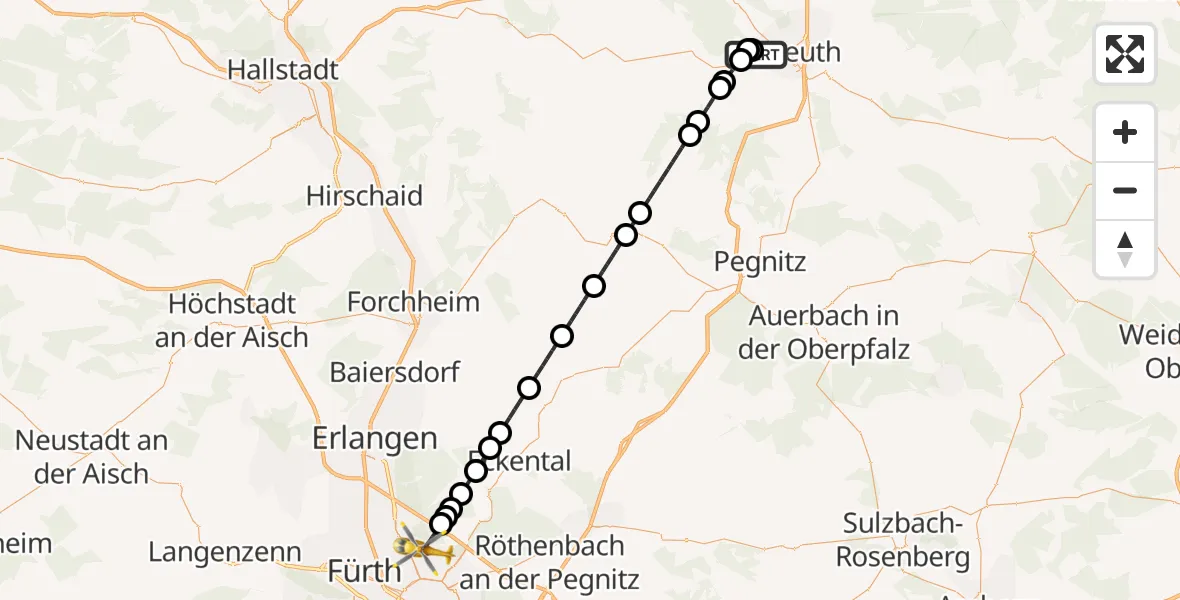 Flugroute Rettungshubschrauber Bayreuth Hospital - Flughafen Nuremberg, 19 September 2026, 02:00