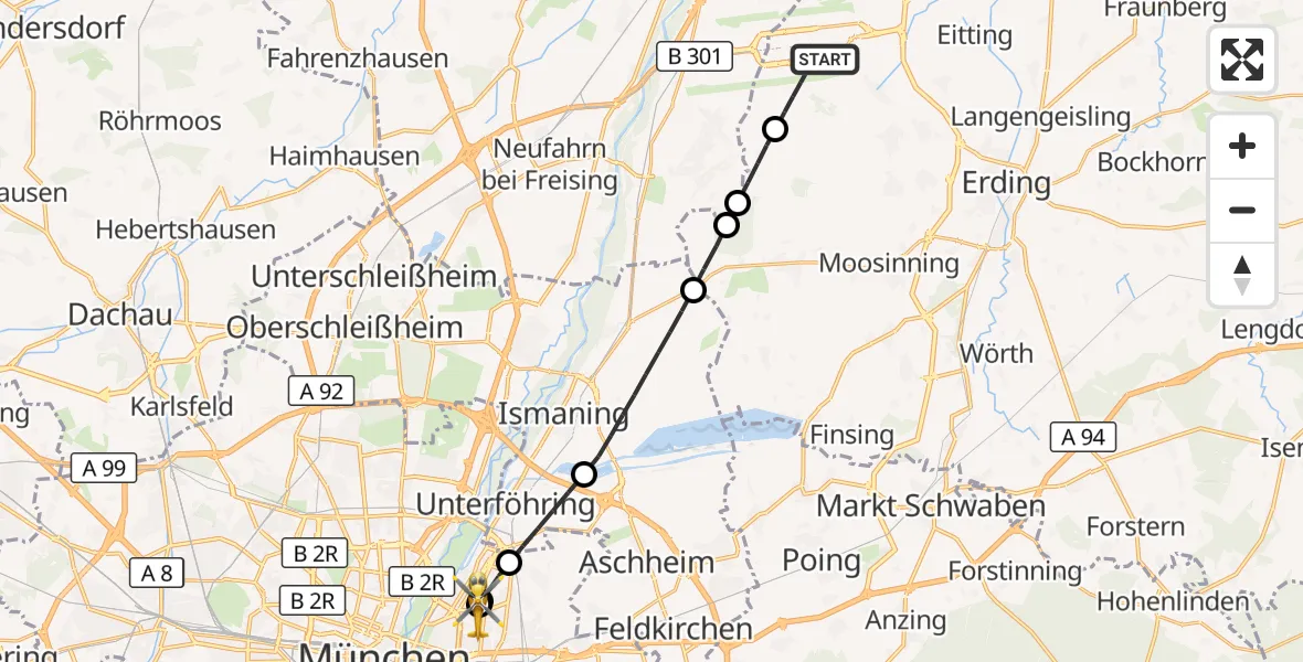 Flugroute Rettungshubschrauber München Flughafen - München Bogenhausen Hospital, 19 September 2026, 02:11