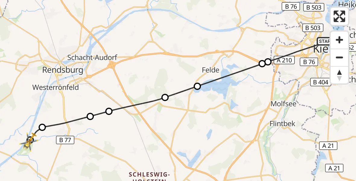Flugroute Ambulanzhubschrauber Kiel - Hörsten, 19 September 2026, 02:30