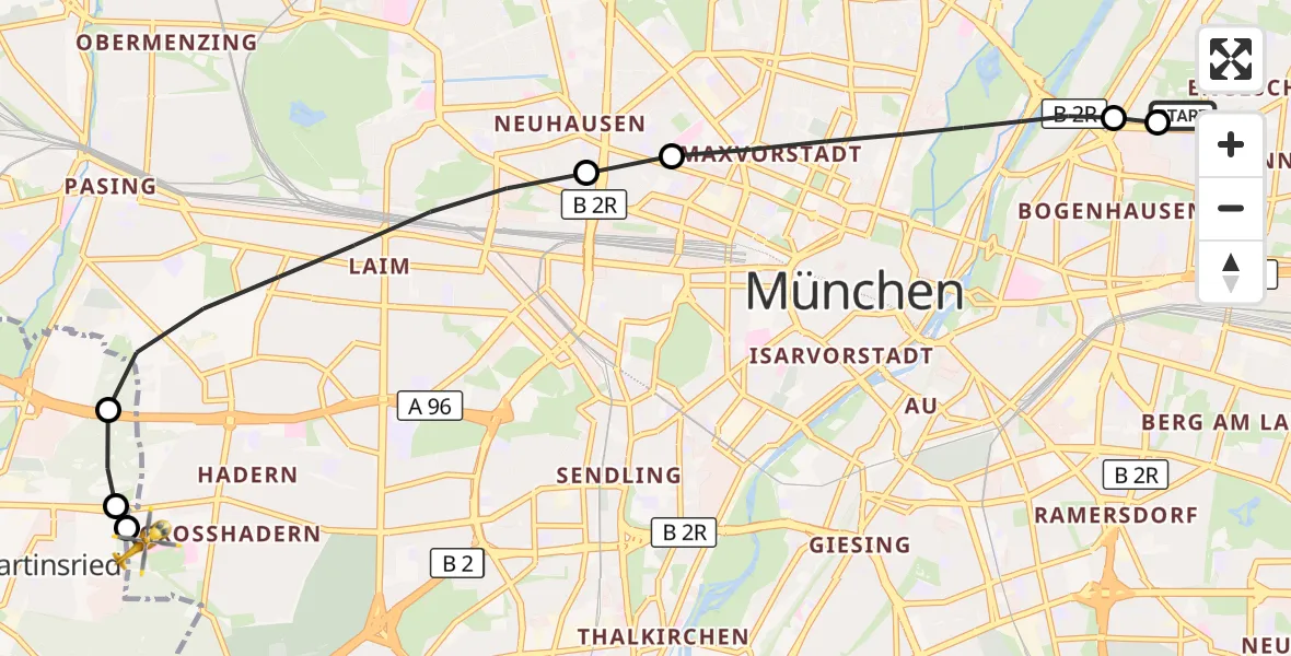 Flugroute Rettungshubschrauber München Bogenhausen Hospital - DRF Air Rescue München Hubschrauberlandeplatz, 19 September 2026, 02:57