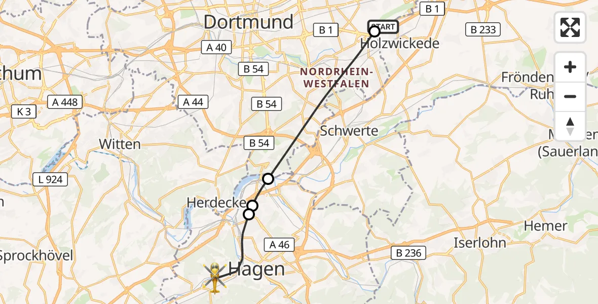 Flugroute Rettungshubschrauber Dortmund Flughafen - Hagen, 19 September 2026, 03:27