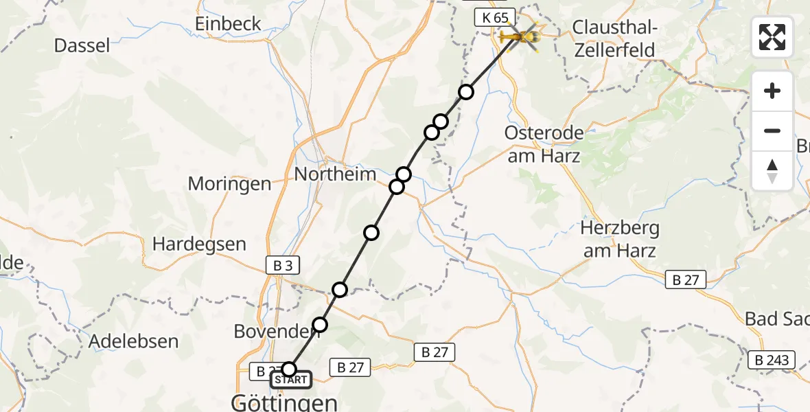 Flugroute Rettungshubschrauber Göttingen University Clinic Hubschrauberlandeplatz - Bad Grund (Harz), 19 September 2026, 06:18