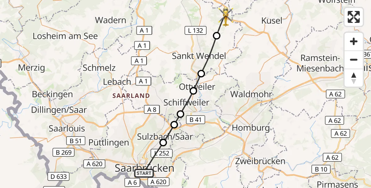 Flugroute Rettungshubschrauber Saarbrücken - Freisen, 19 September 2026, 06:24