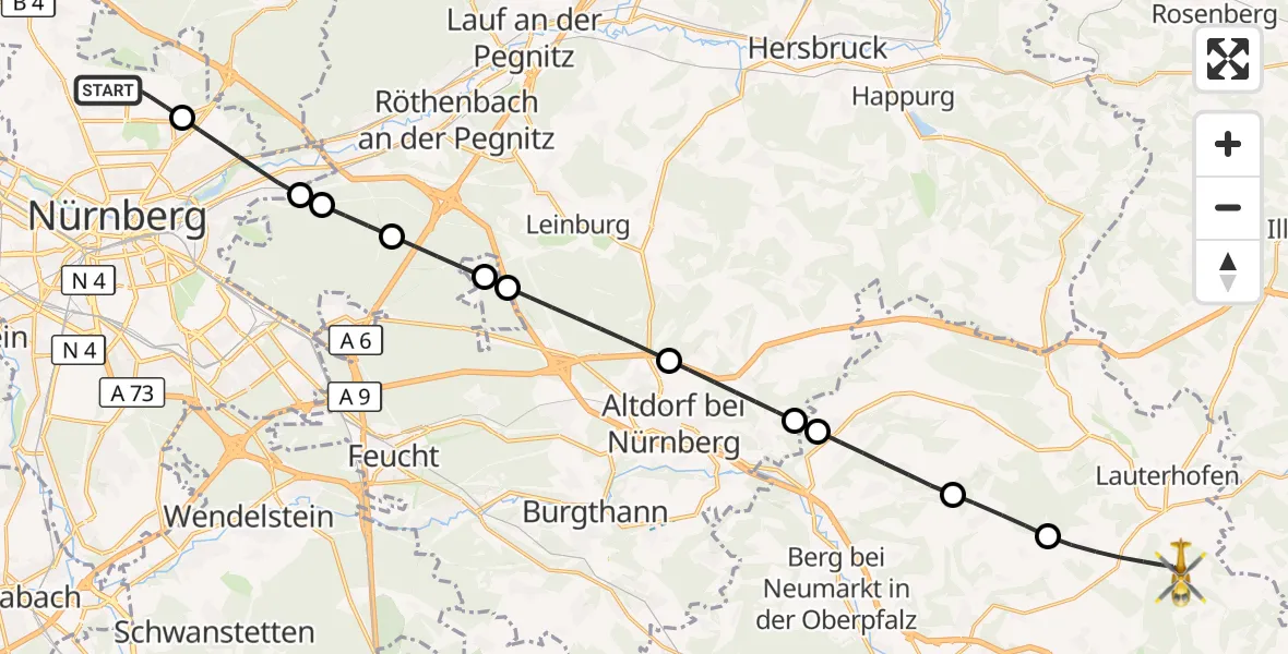 Flugroute Ambulanzhubschrauber Flughafen Nuremberg - Lauterhofen, 19 September 2026, 06:27