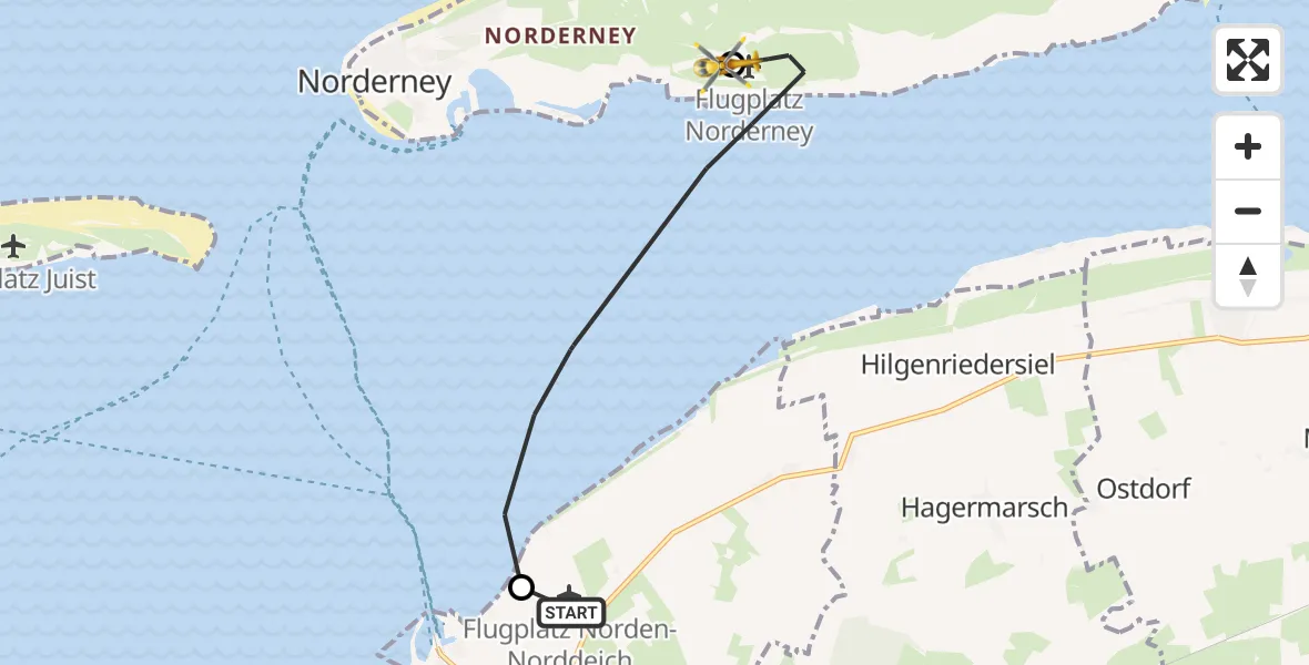 Flugroute Ambulanzhubschrauber Norden-Norddeich Flughafen - Norderney Flughafen, 19 September 2026, 06:28