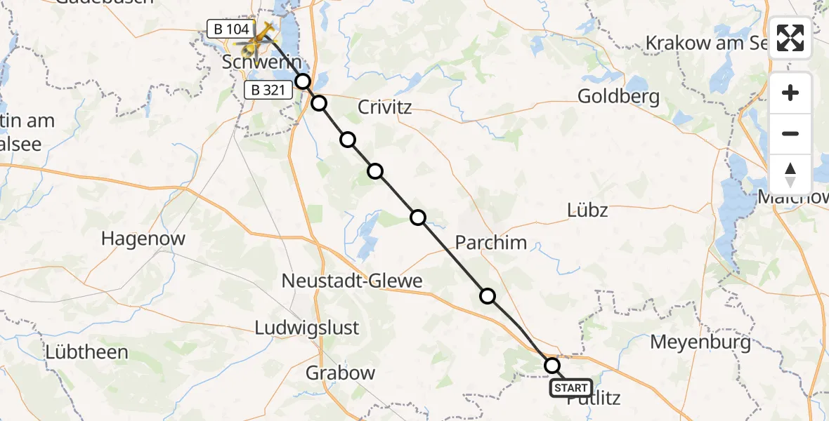 Flugroute Rettungshubschrauber Putlitz - Schwerin, 19 September 2026, 06:45