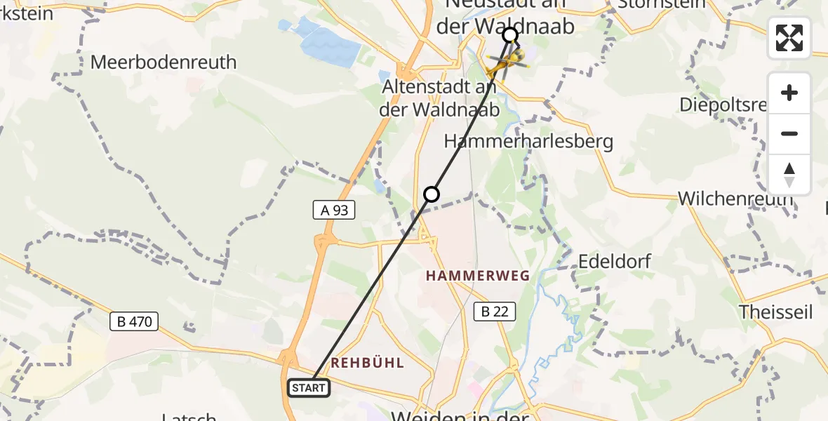 Flugroute Ambulanzhubschrauber Weiden i.d.OPf. - Neustadt a.d.Waldnaab, 19 September 2026, 06:51