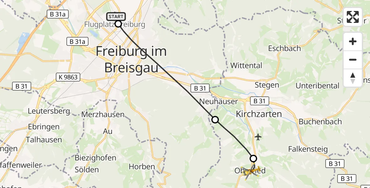 Flugroute Ambulanzhubschrauber Freiburg im Breisgau Flugplatz - Oberried, 19 September 2026, 07:01