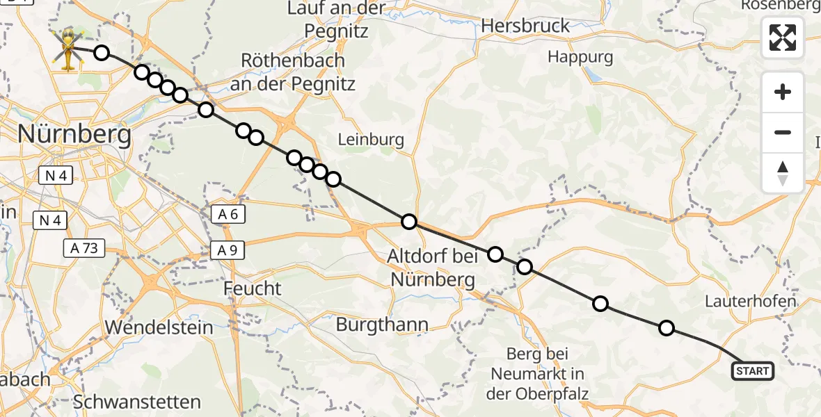 Flugroute Ambulanzhubschrauber Lauterhofen - Flughafen Nuremberg, 19 September 2026, 07:02