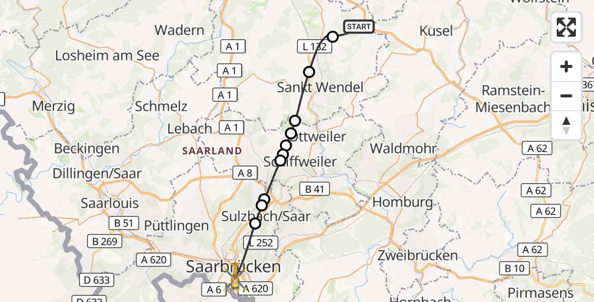Flugroute Rettungshubschrauber Freisen - Saarbrücken, 19 September 2026, 07:08