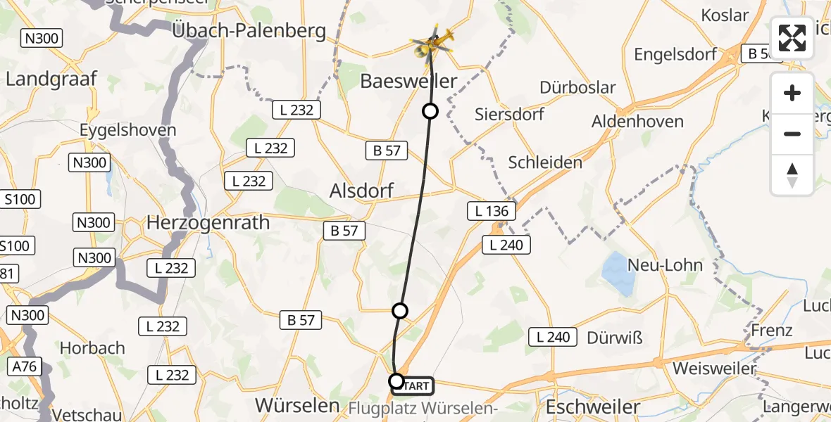 Flugroute Rettungshubschrauber Aachen-Merzbrück Flughafen - Baesweiler, 19 September 2026, 07:08