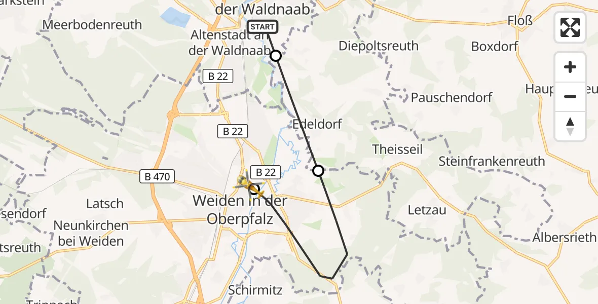 Flugroute Ambulanzhubschrauber Neustadt a.d.Waldnaab - Weiden Hospital, 19 September 2026, 07:24