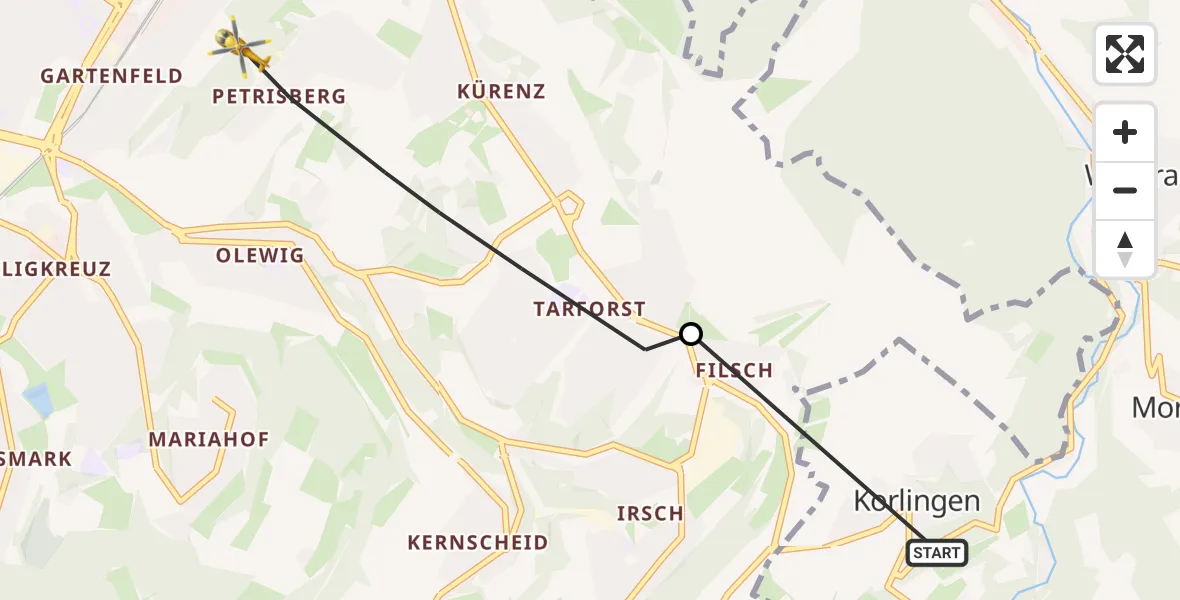 Flugroute Rettungshubschrauber Korlingen - Trier, 19 September 2026, 07:42