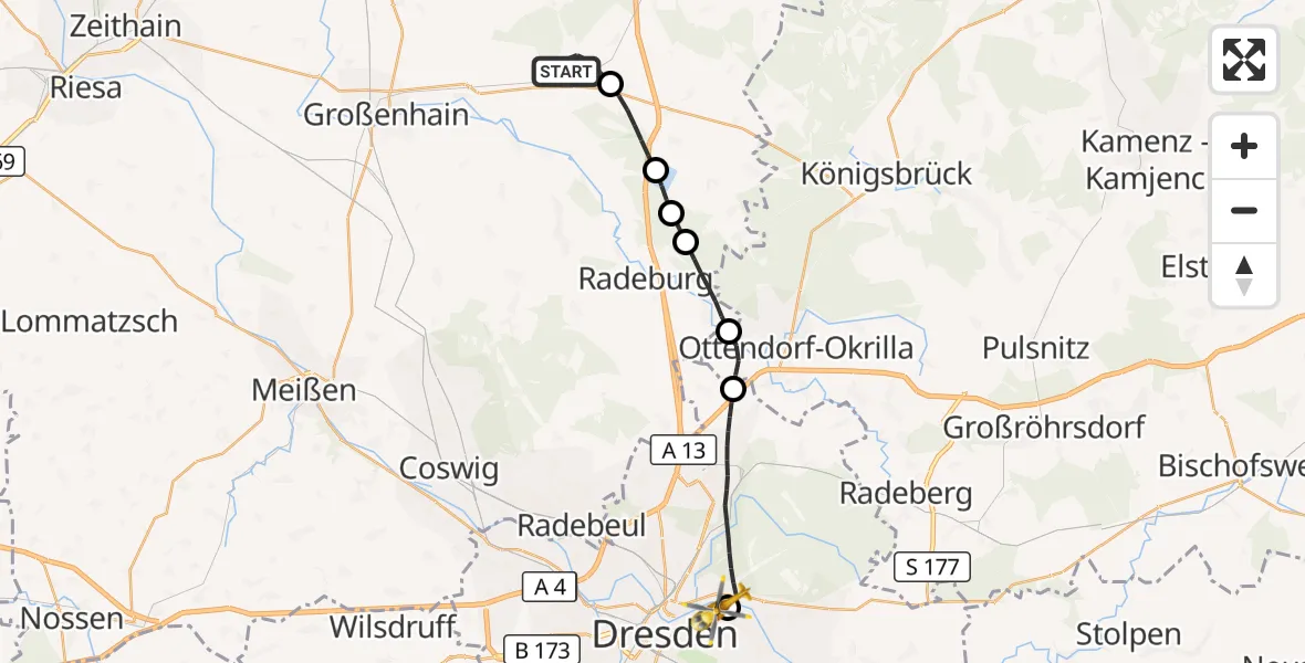Flugroute Rettungshubschrauber Lampertswalde - Dresden Elbwiesen Hubschrauberlandeplatz, 19 September 2026, 07:53